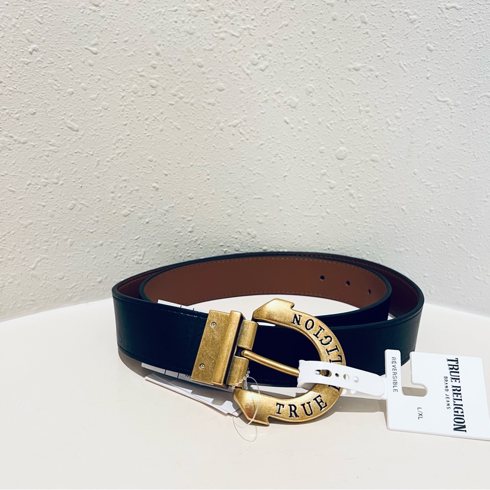 True Religion Women’s Horseshoe Harness Gold Buckle Reversible Belt Sz L-XL NWT
